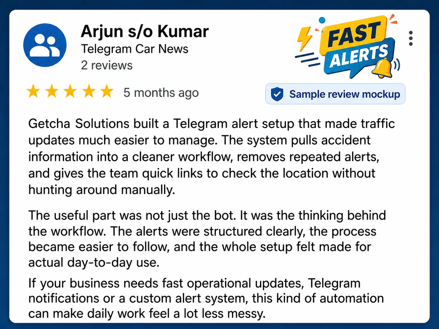 Sample review mockup from Arjun s/o Kumar for Telegram Car News