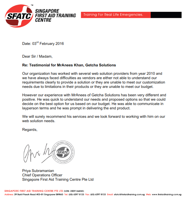 Singapore First Aid Training Centre testimonial