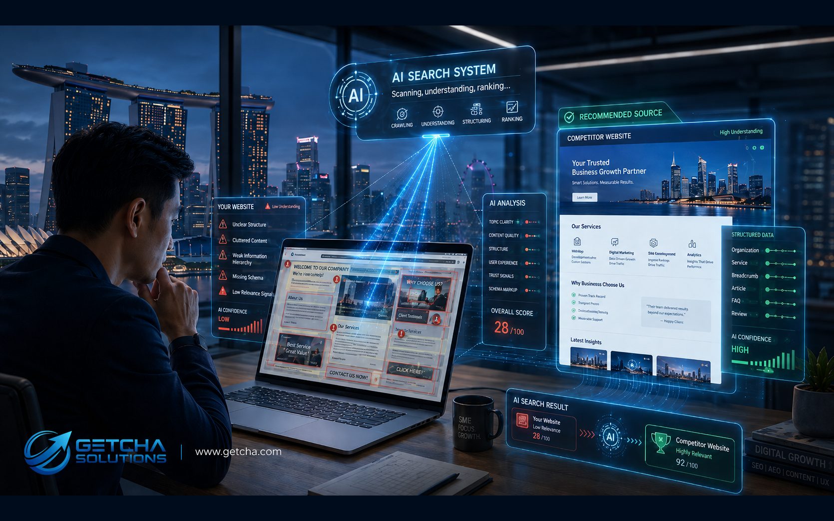 AI search system comparing an unclear business website against a clearer competitor website in Singapore