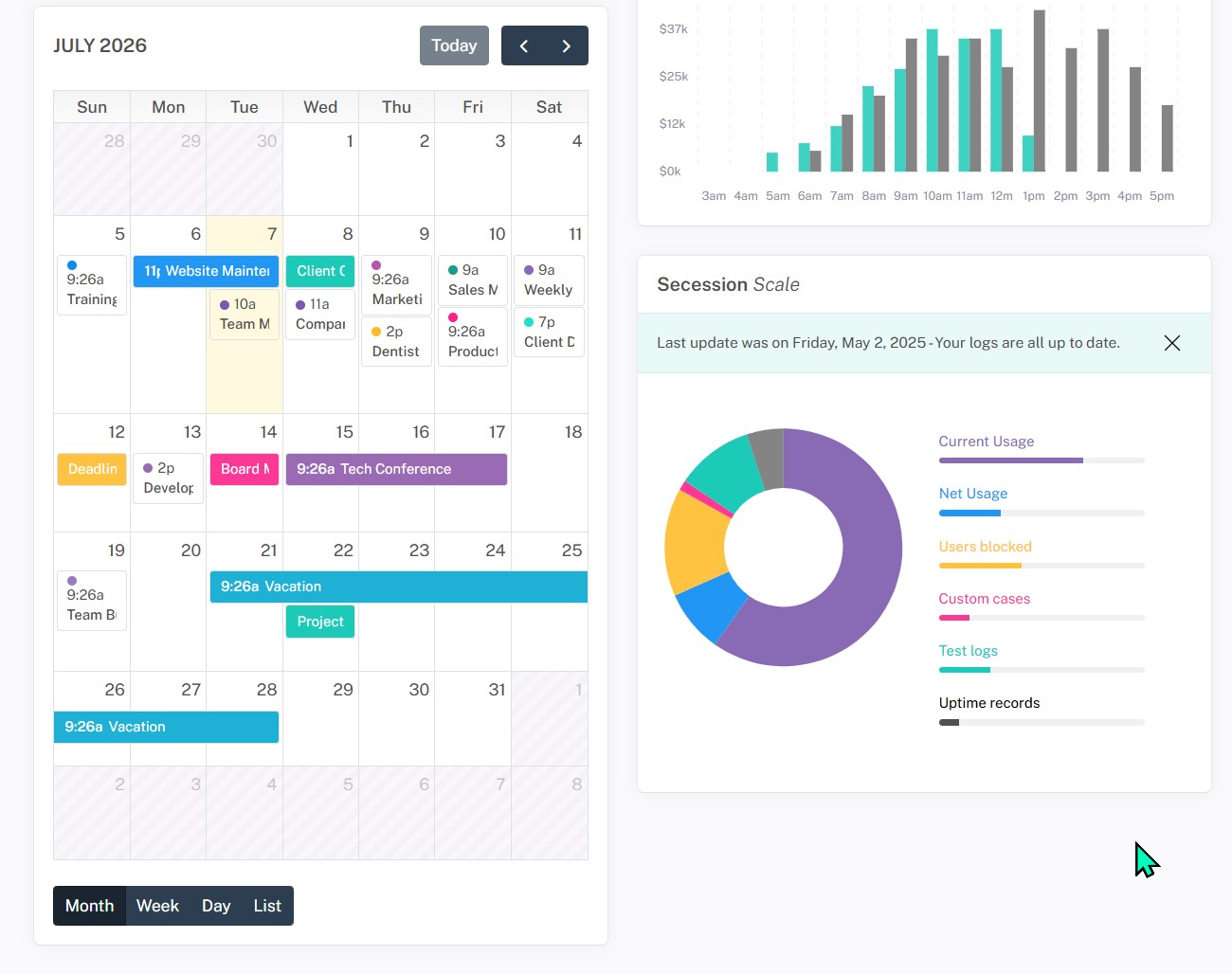 CRM calendar and business metrics screen with charts and usage panels