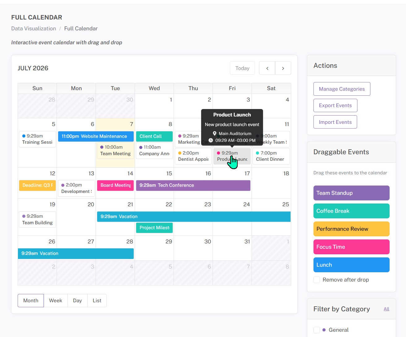 CRM calendar scheduling interface with draggable events, categories and action panels
