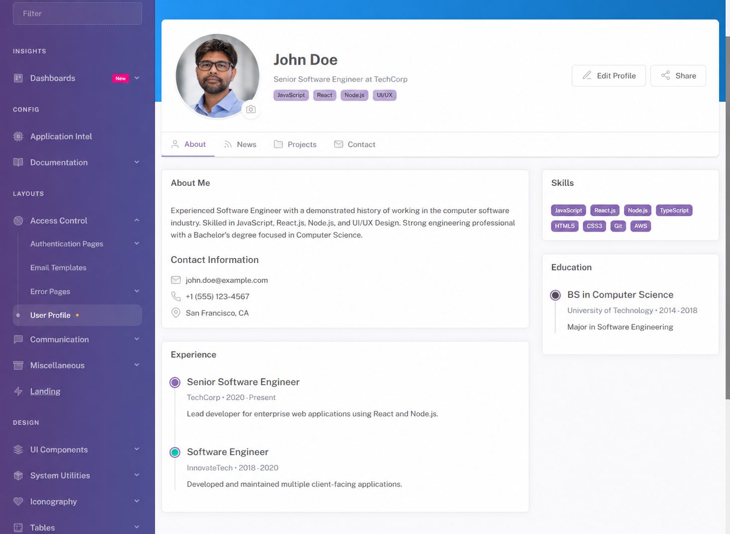 Custom CRM user profile interface with contact details, skills, tabs and timeline information
