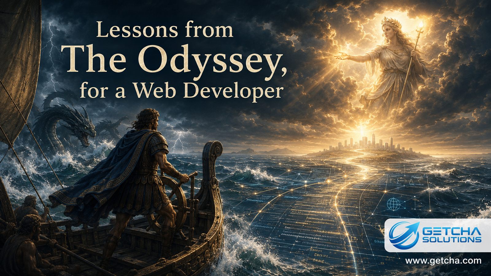Lessons from The Odyssey for a web developer with a mythic sea journey and Getcha Solutions branding