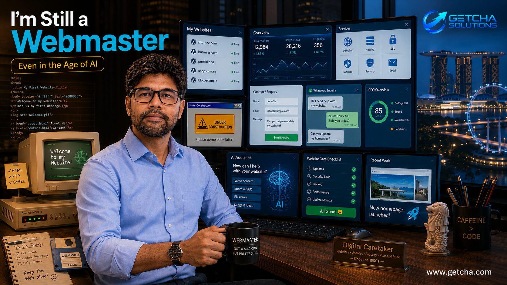 Singapore webmaster managing website maintenance, WordPress support, SEO, hosting, WhatsApp enquiries and AI tools