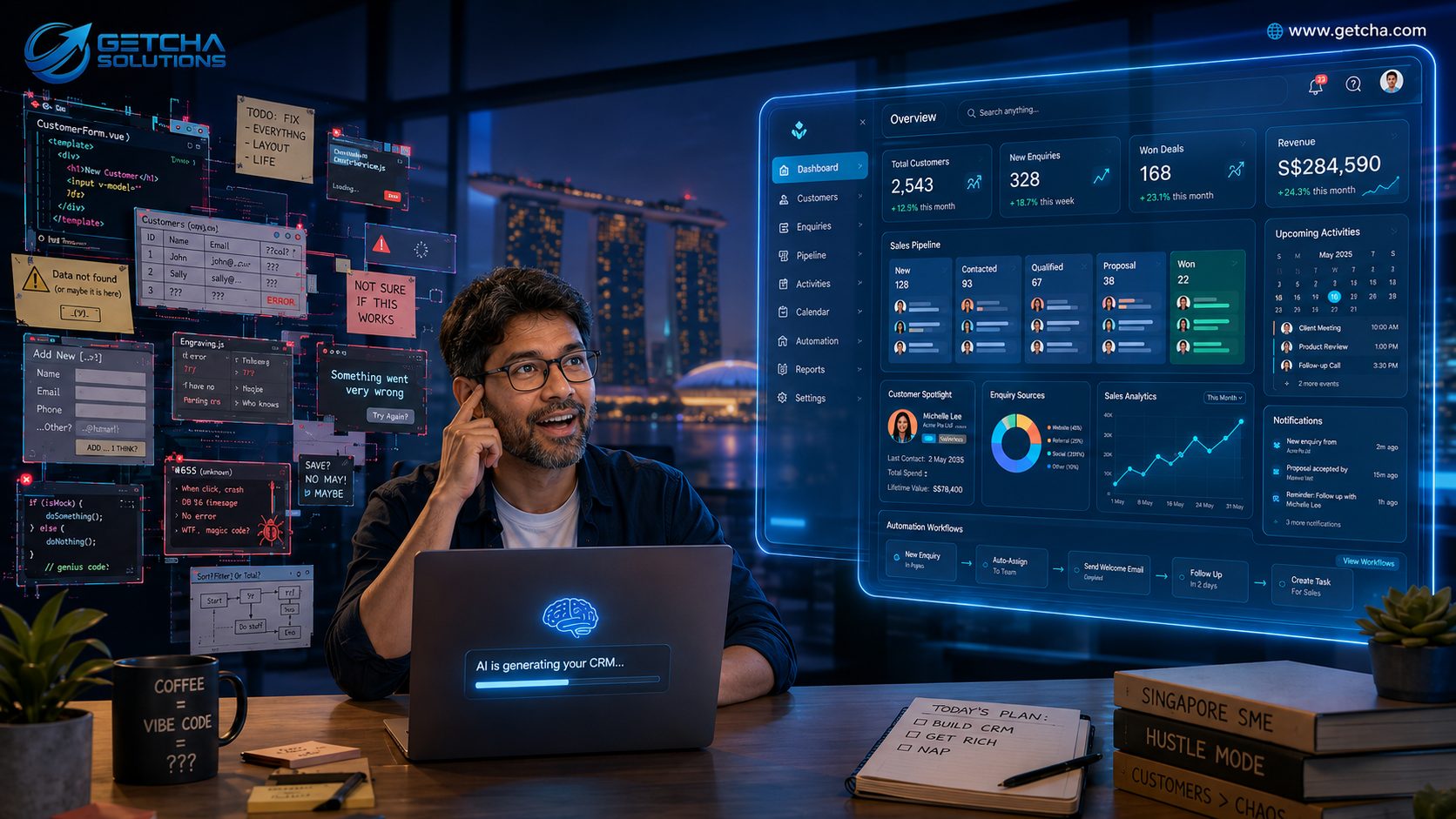 Futuristic comparison of messy AI vibe coded CRM screens and a polished custom CRM dashboard for Singapore SMEs